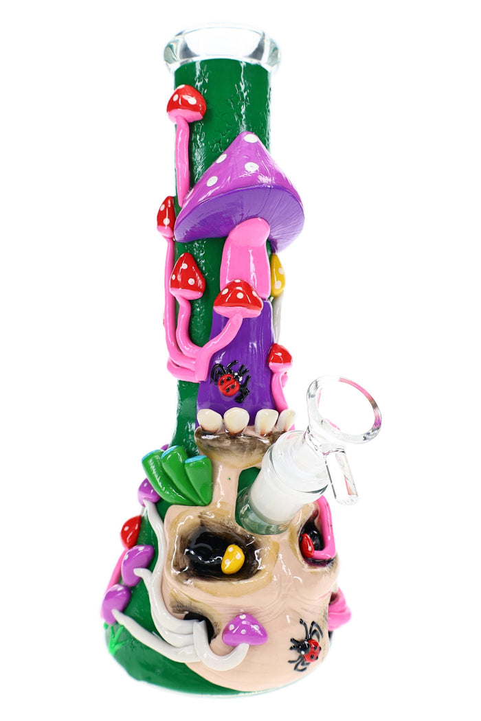 Colorful mushroom resin art glass bong with beaker base, ice pinch, and 18.8 mm female joint
