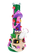 Colorful mushroom resin art glass bong with beaker base, ice pinch, and 18.8 mm female joint