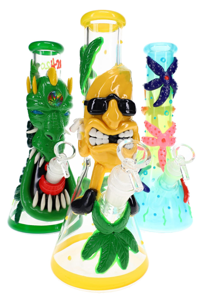 Assorted resin art glass beaker bongs with colorful raised character designs and 10 inch bodies