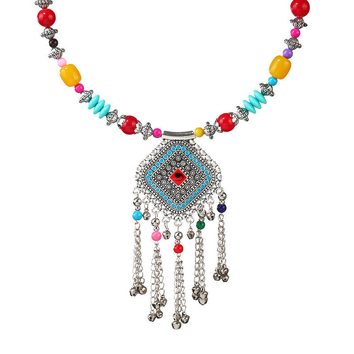Retro Ethnic Tibetan Necklace Bell Tassel Colored Beaded Collar Sweater Chain Accessories