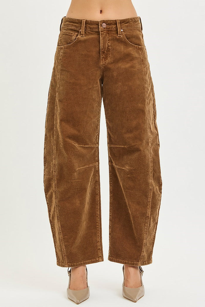 Risen Slouchy Ankle Barrel Corduroy Pants -Teddy Bear