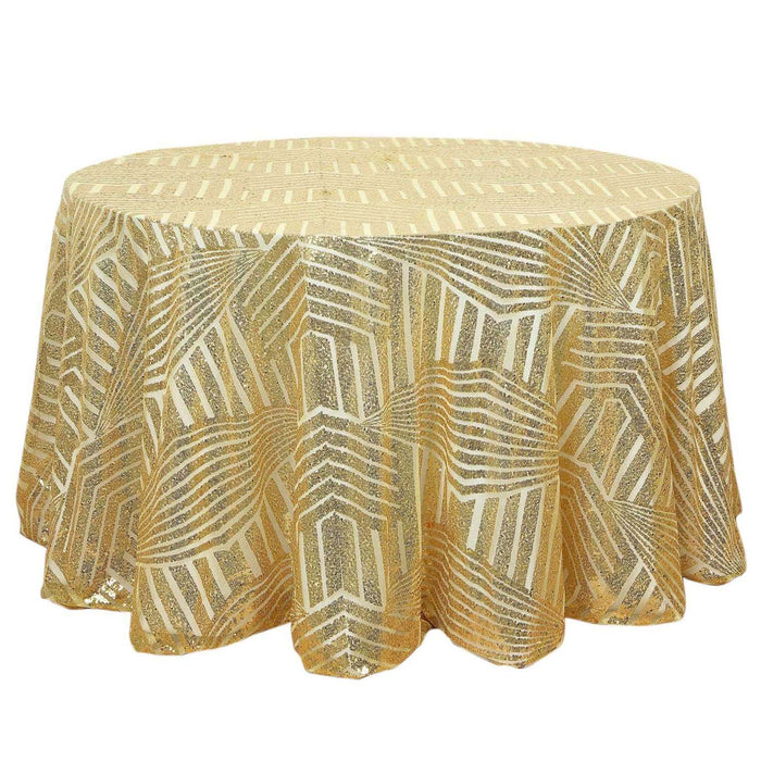Gold sequin tablecloth with geometric design on a round table.