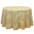 Gold sequin tablecloth with geometric design on a round table.
