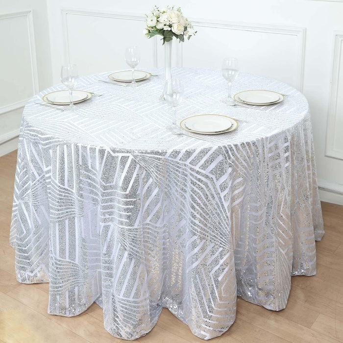 Round sequin tablecloth with geometric patterns for elegant dining setup.