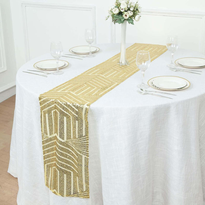 Gold sequin table runner on a white tablecloth with elegant dining setup.