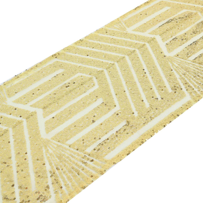 Gold sequin table runner with geometric pattern on a white background