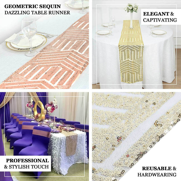 Geometric sequin table runner in elegant setting, perfect for events and styling.