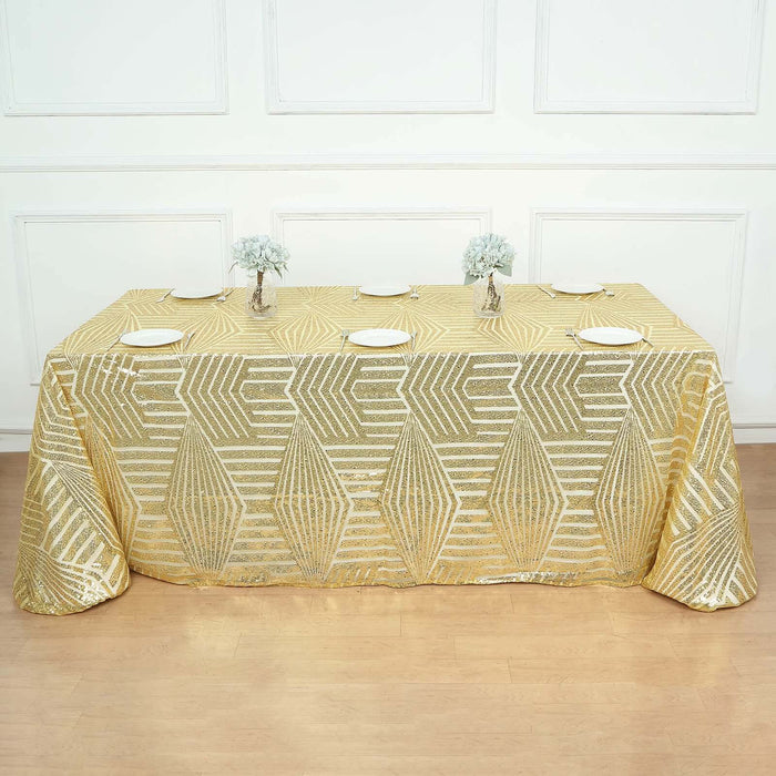 Gold geometric tablecloth with elegant design for events and dining.