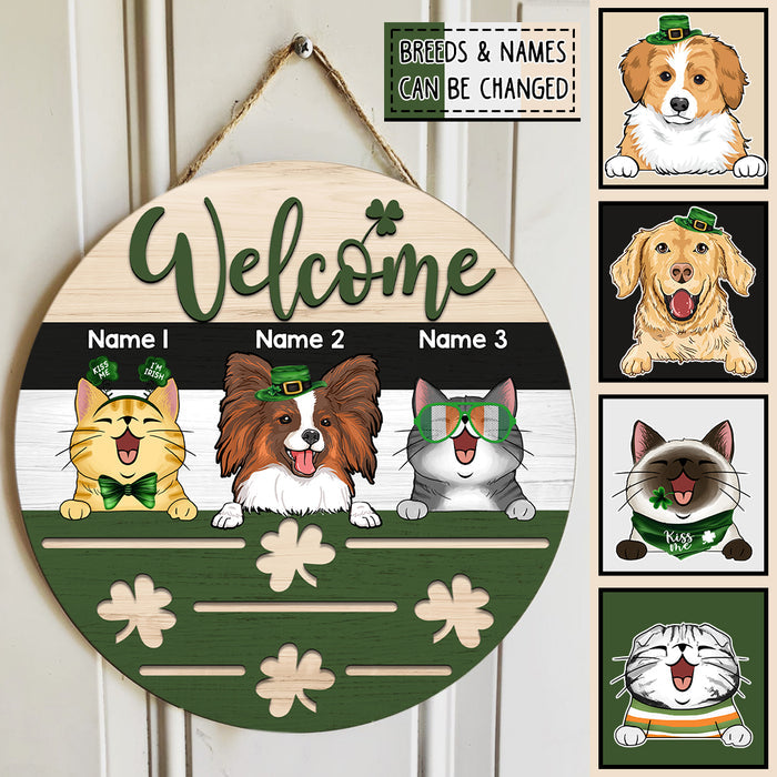 St. Patrick's Day Welcome Door Signs, Gifts For Pet Lovers, Shamrock Personalized Wood Sign
