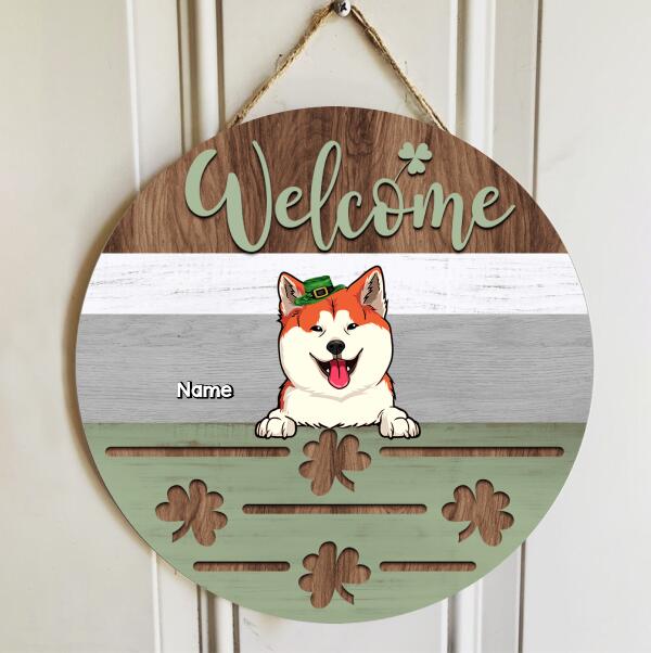 St. Patrick's Day Welcome Door Signs, Gifts For Pet Lovers, Shamrock Personalized Wood Sign
