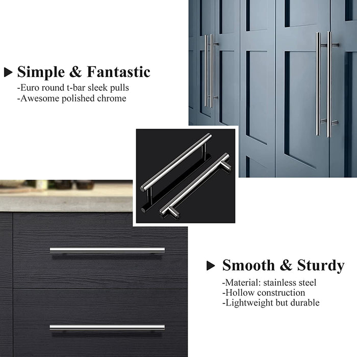 Stainless Steel T Bar Cabinet Handles Polished Chrome Finish, 96mm 3 3/4inch Hole Centers - Probrico