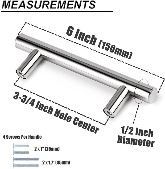 Stainless Steel T Bar Cabinet Handles Polished Chrome Finish, 96mm 3 3/4inch Hole Centers - Probrico