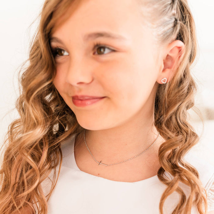 Sterling Silver Girls Horizontal Cross Necklace Kids & Women: 14 inch