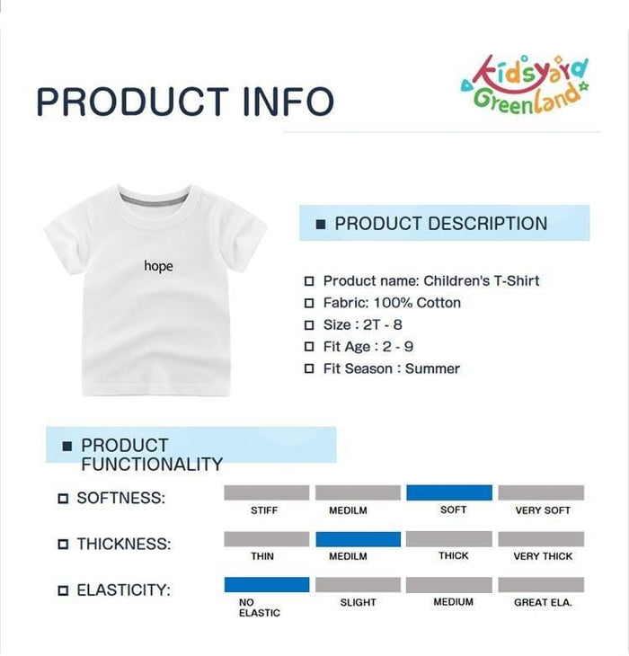 Summer Kids Premium Cotton T-shirt with "Hope" Pattern - Kidsyard Greenland