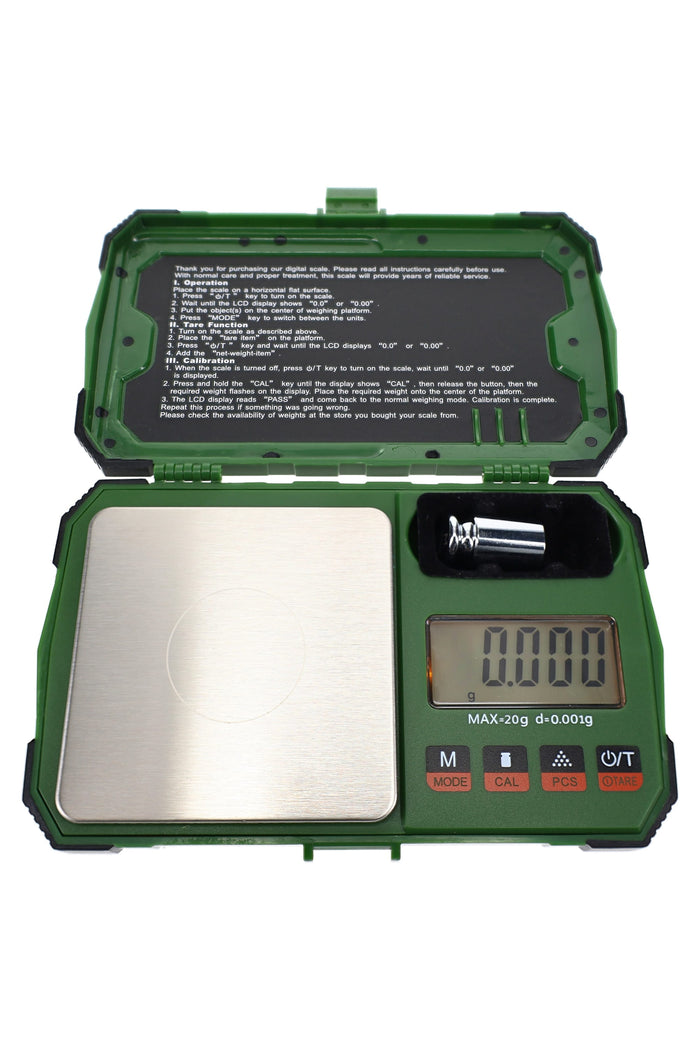 Green Swag digital pocket scale with stainless platform and 20 g precision weighing capacity