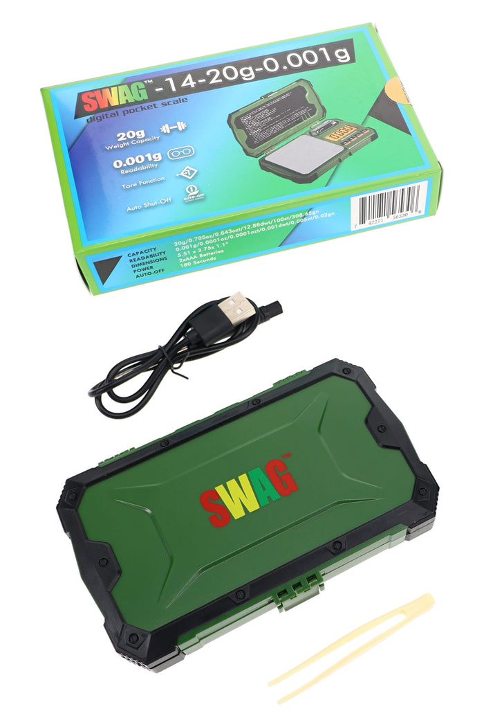 Boxed green Swag digital pocket scale with USB cable, weight, tweezers, and retail packaging