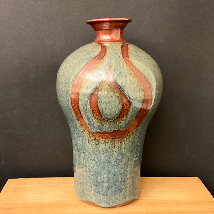 Tall Vase in Blue with Brown Design Details
