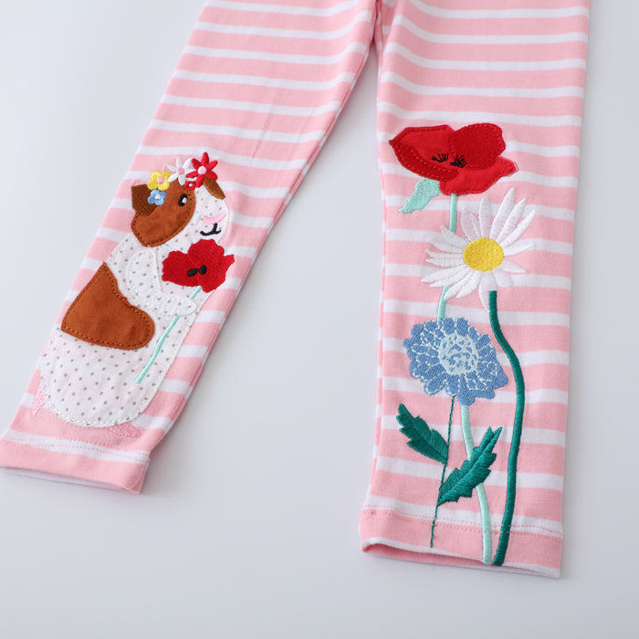 Toddle/Kid Girl's Flowers and Hamster Embroidery Stripes Leggings