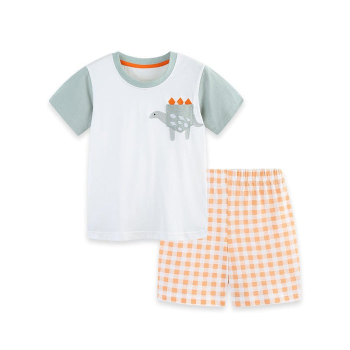 Toddler Boys Cartoon Dinosaur Print Tee & Orange Plaid Shorts 2-Piece Set