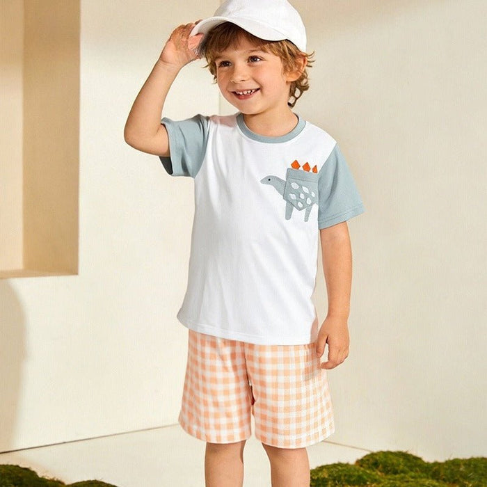 Toddler Boys Cartoon Dinosaur Print Tee & Orange Plaid Shorts 2-Piece Set