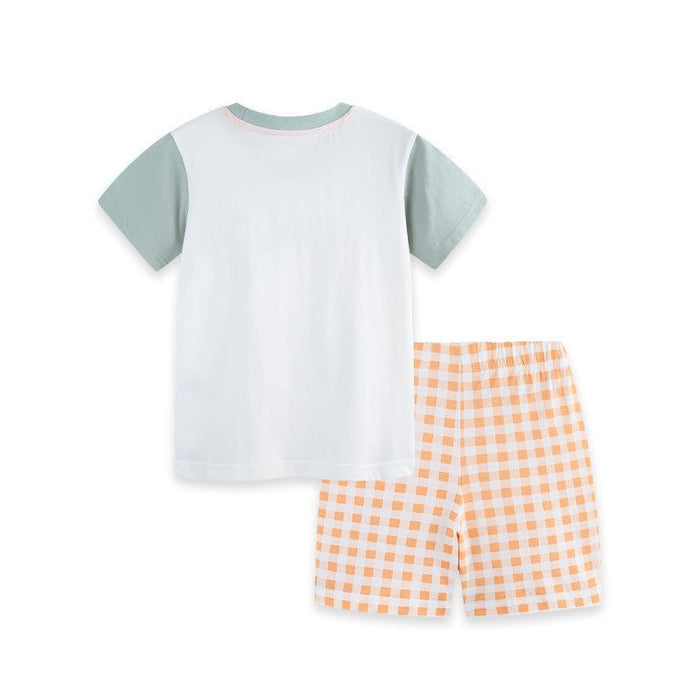 Toddler Boys Cartoon Dinosaur Print Tee & Orange Plaid Shorts 2-Piece Set