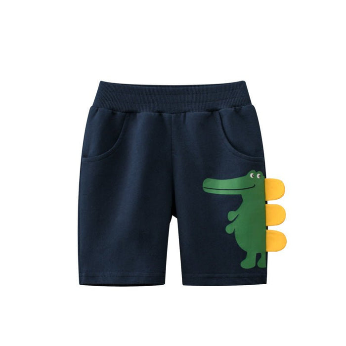 Toddler boy's casual shorts with a 3D dinosaur print on the side pocket, in navy color.