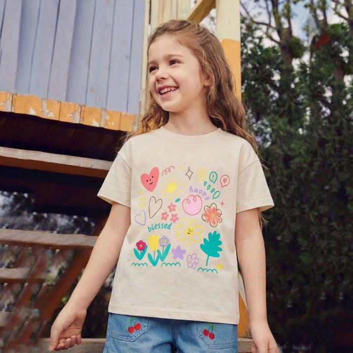 Toddler/Kid Beige Floral and Heart Doodle Casual T-Shirt