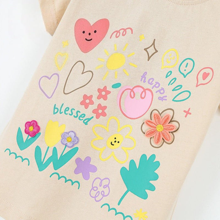 Toddler/Kid Beige Floral and Heart Doodle Casual T-Shirt