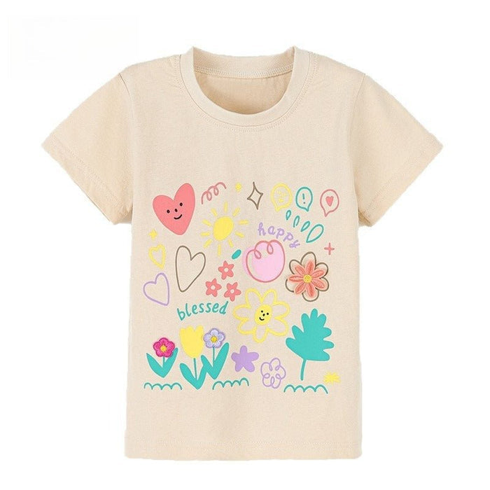 Toddler/Kid Beige Floral and Heart Doodle Casual T-Shirt