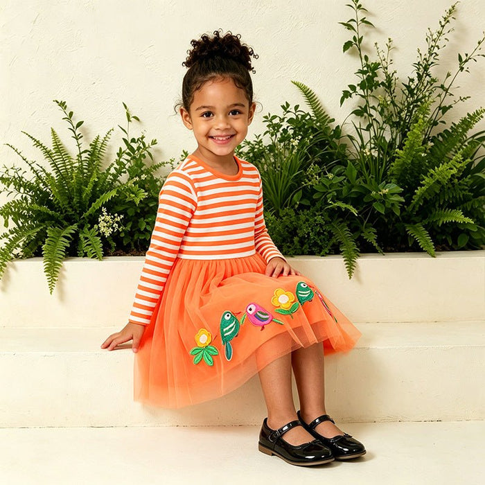 Toddler/Kid Bird Floral Embroidered Tulle Long Sleeve Dress