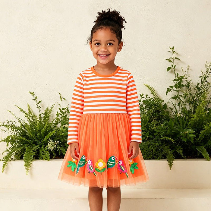 Toddler/Kid Bird Floral Embroidered Tulle Long Sleeve Dress