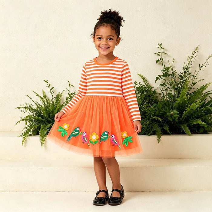 Toddler/Kid Bird Floral Embroidered Tulle Long Sleeve Dress