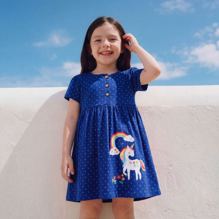 Toddler/Kid Blue Polka Dot Unicorn Short Sleeve Dress