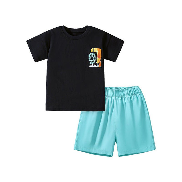 Toddler/Kid Boy Black Cartoon T-Shirt and Blue Shorts Set