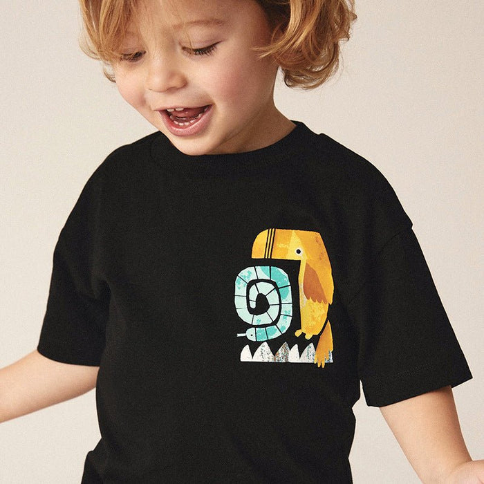 Toddler/Kid Boy Black Cartoon T-Shirt and Blue Shorts Set
