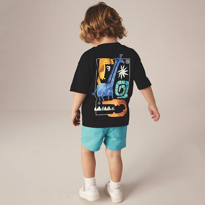 Toddler/Kid Boy Black Cartoon T-Shirt and Blue Shorts Set