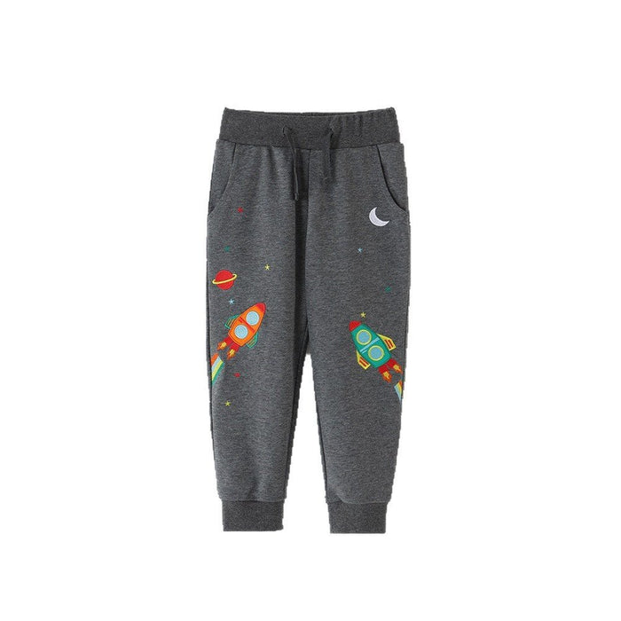 Toddler/Kid Boy Cartoon Rocket Embroidery Gray Pants