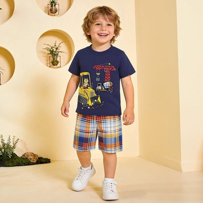 Toddler/Kid Boy Construction Vehicle Plaid Shorts Set