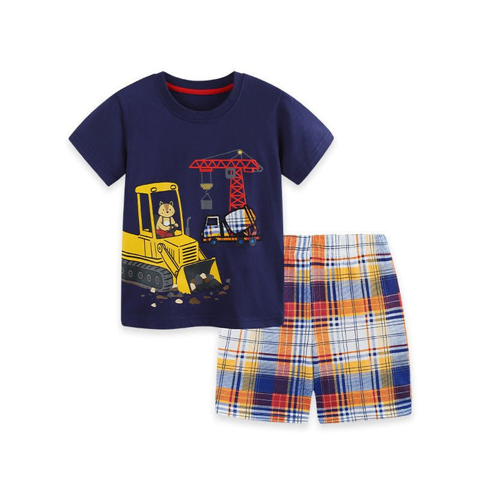 Toddler/Kid Boy Construction Vehicle Plaid Shorts Set