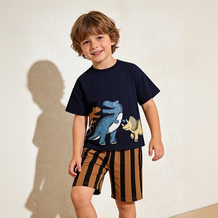 Toddler/Kid Boys Dinosaur Short Sleeve T-shirt and Striped Shorts 2-Piece Set