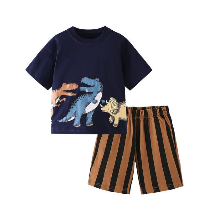 Toddler/Kid Boys Dinosaur Short Sleeve T-shirt and Striped Shorts 2-Piece Set