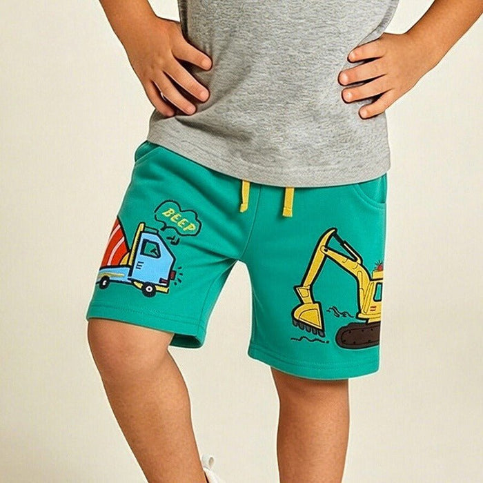 Toddler/Kid Boy's Green Construction Vehicle Shorts with Excavator Print