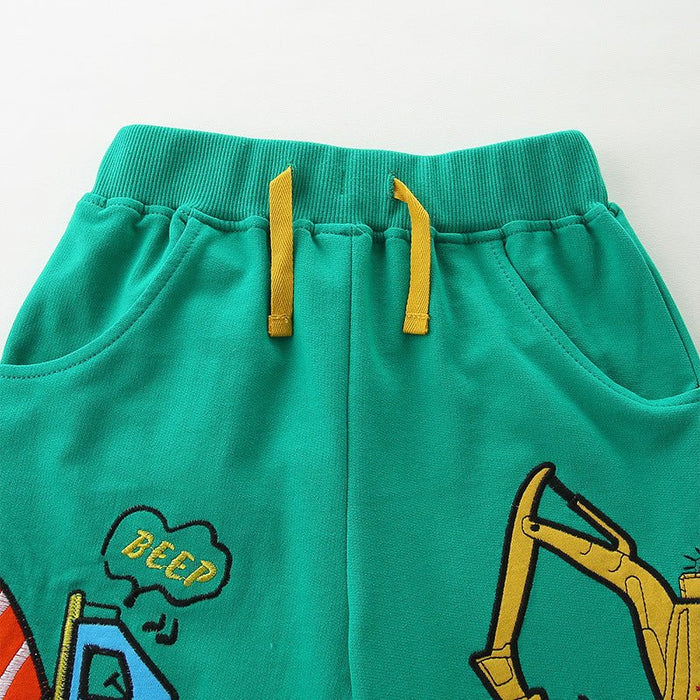 Toddler/Kid Boy's Green Construction Vehicle Shorts with Excavator Print