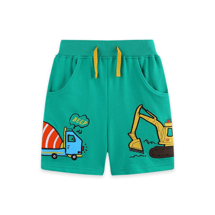 Toddler/Kid Boy's Green Construction Vehicle Shorts with Excavator Print