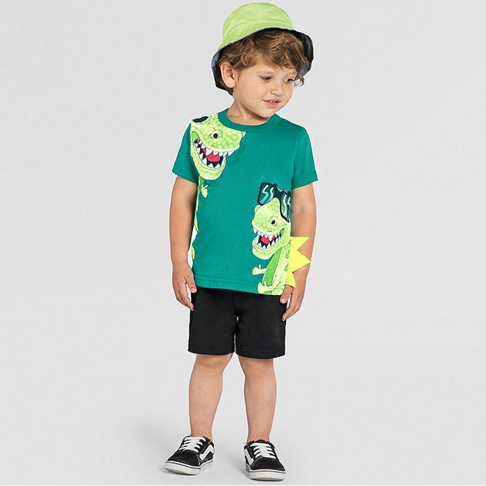 Toddler/Kid Boy's Green Dinosaur T-shirt with Casual Black Shorts Set