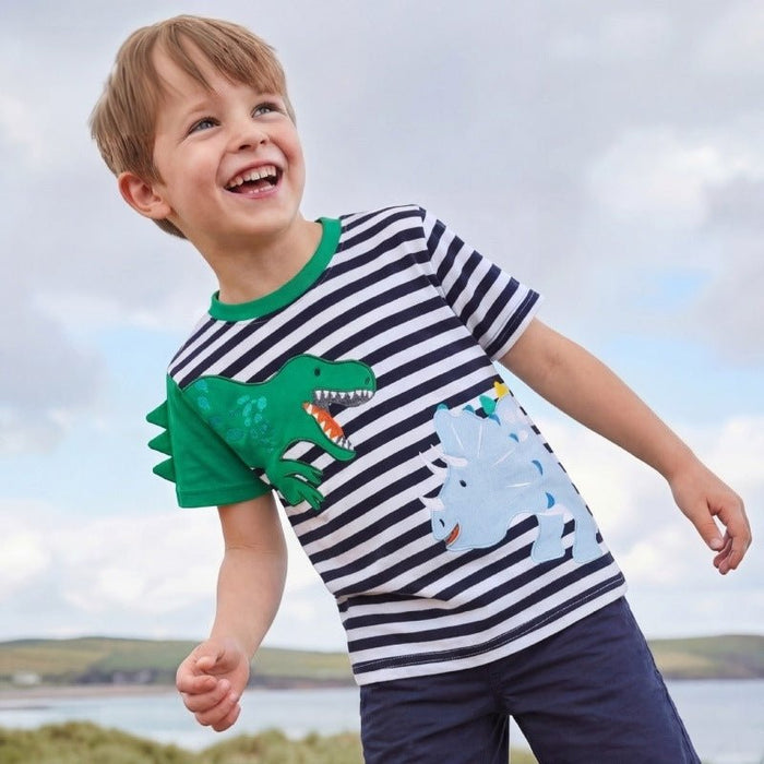 Toddler/Kid Dinosaur Applique Striped Short Sleeve Tee
