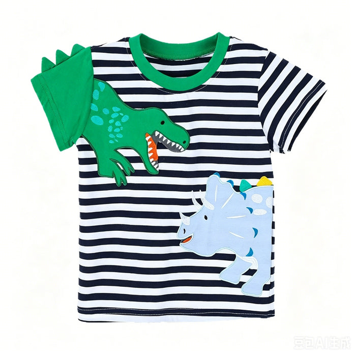 Toddler/Kid Dinosaur Applique Striped Short Sleeve Tee