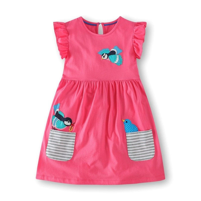 Toddler/Kid Girl Bird Pattern Pink Ruffled Sleeves Dress