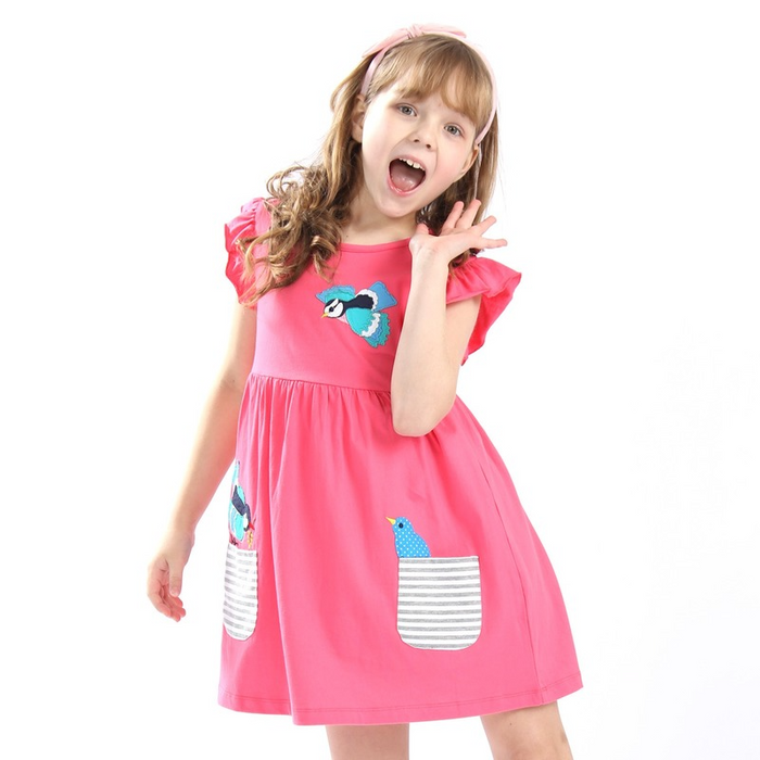 Toddler/Kid Girl Bird Pattern Pink Ruffled Sleeves Dress