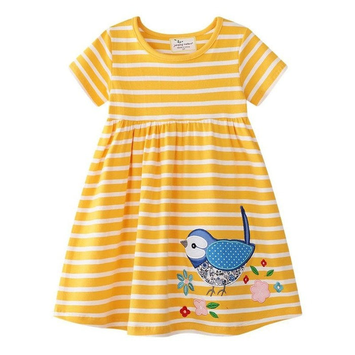 Toddler/Kid Girl Birdie + Florals Yellow Stripes Dress